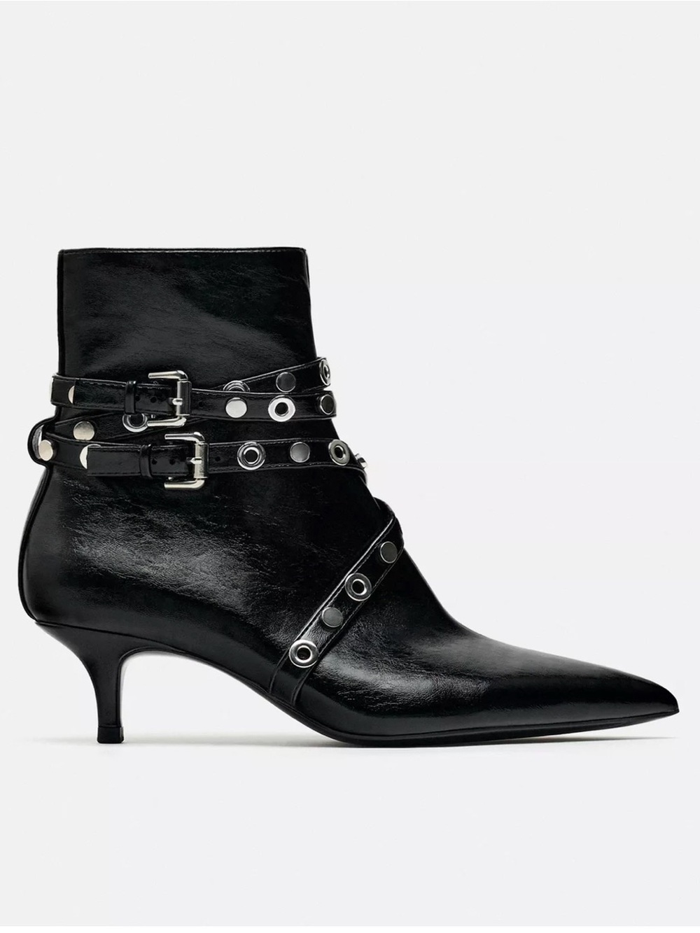Zara Sz10 Black Grommet-Strap Pointed Kitten Heel Ankle Boot